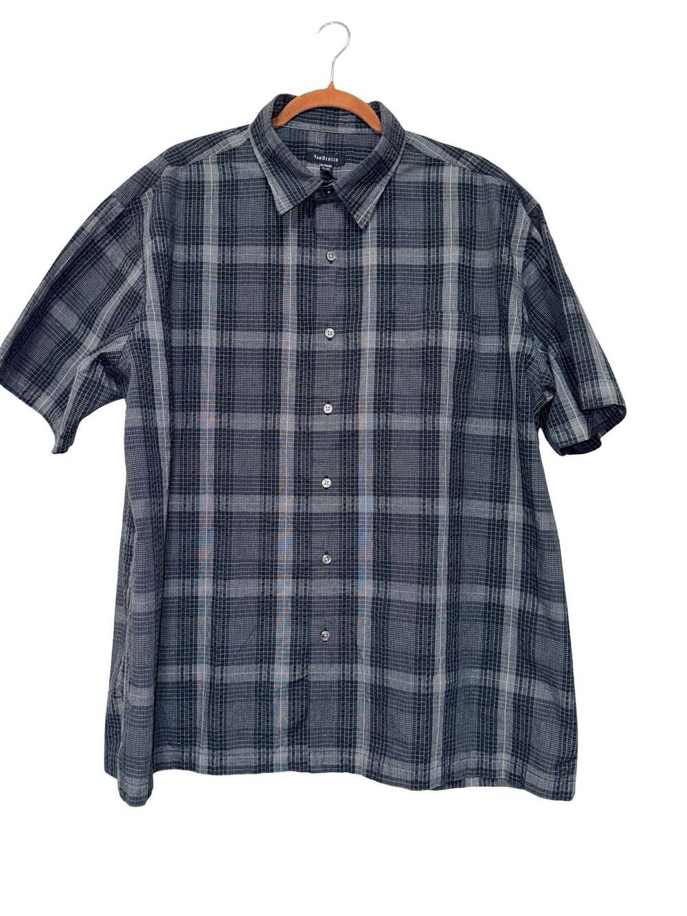 Van Heusen Men's Black Blue Plaid Short Sleeve Button-Up Shirt XL